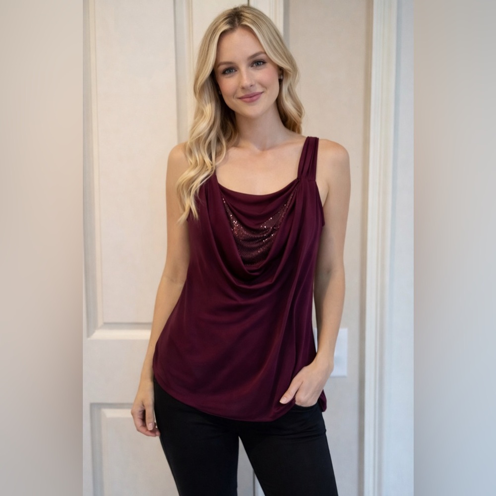 Marciano by Guess Purple Cowl Neck Sequin Top | Dressy Evening Blouse